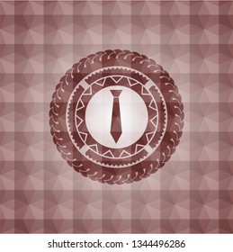 necktie icon inside red seamless badge with geometric pattern background.