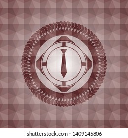 necktie icon inside red seamless emblem or badge with geometric pattern background.