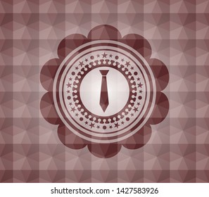 necktie icon inside red seamless emblem or badge with abstract geometric pattern background.