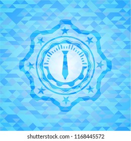 necktie icon inside sky blue emblem. Mosaic background