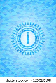 necktie icon inside sky blue emblem with mosaic ecological style background