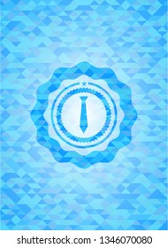 necktie icon inside sky blue emblem. Mosaic background