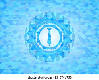 necktie icon inside sky blue emblem with triangle mosaic background