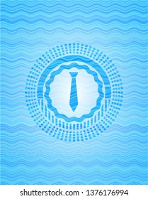 necktie icon inside sky blue water wave style badge.