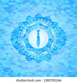 necktie icon inside sky blue emblem. Mosaic background