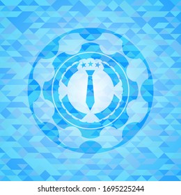 necktie icon inside sky blue emblem with mosaic ecological style background