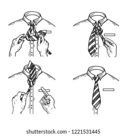 Necktie instructions engraving vector illustration. Scratch board style imitation. Black and white hand drawn image.