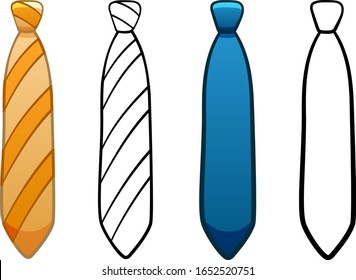 Necktie with simple knot in four variants set isolated illustration. Colored, line version, with pattern. White background, vector.