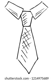 Necktie sketch, black vector icon. Single object. Tie for men. Necktie with collar. Black contour drawing at white background.