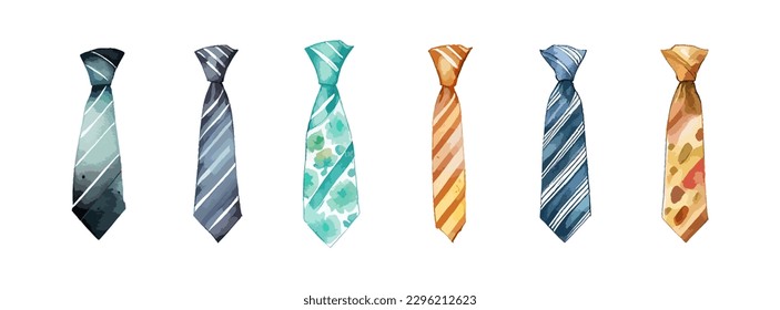 Necktie watercolor isolated white background  Set fashion tie accessory for men  Father male necktie elements vector illustration