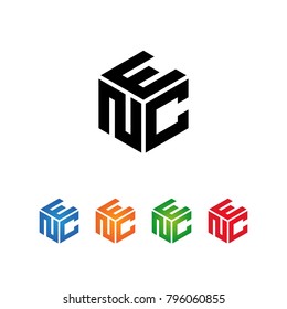 NEC,NCE,CNE,CEN,ENC,ECN Logo Initial three letters Template.Modern Style. Hexagon shape concept.Black,Blue,Orange,Green,Red color on white background