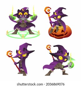 necromancer cat vector set, witch cat illustration set