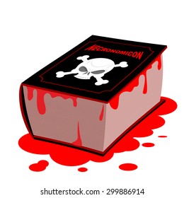 Necronomicon. Book of black magic is dead. Horrible old black psalterium. Blood on pages and cover. Skull Horror volume. 