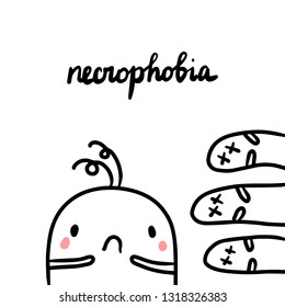 Necrophobia hand drawn illustration with cute marshmallow and corpses