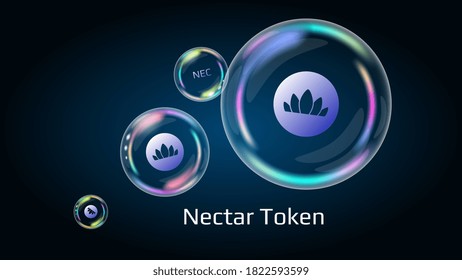 Nectar NEC token symbol in soap bubble, coin DeFi project decentralized finance. The financial pyramid will burst soon and destroyed. Vector EPS10.