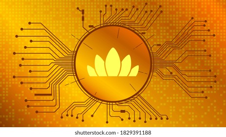 Nectar Token NEC cryptocurrency symbol of the DeFi project in circle with PCB tracks on gold background. Currency wallet icon. Decentralized finance programs. Vector EPS10.