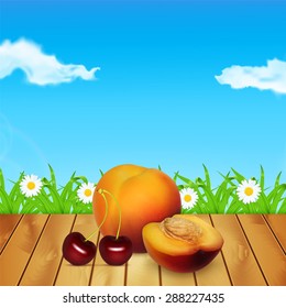 Nectarine and cherry on wood. Background with nectarine and cherry. Background with grass and chamomile. Time for a picnic. High quality vector. EPS10 vector