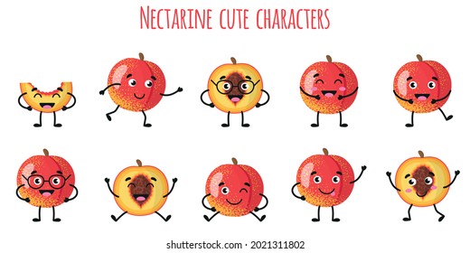 Nectarine fruit cute funny cheerful characters with different poses and emotions. Natural vitamin antioxidant detox food collection. Vector cartoon isolated illustration. Children concept.