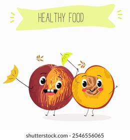 Nectarine fruit cute funny cheerful characters with different poses and activities. Natural vitamin antioxidant detox food collection. Vector hand drawn illistration.