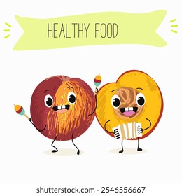 Nectarine fruit cute funny cheerful characters with different poses and activities. Natural vitamin antioxidant detox food collection. Vector hand drawn illistration.