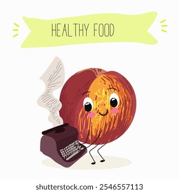 Nectarine fruit cute funny cheerful characters with different poses and activities. Natural vitamin antioxidant detox food collection. Vector hand drawn illistration.