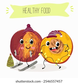 Nectarine fruit cute funny cheerful characters with different poses and activities. Natural vitamin antioxidant detox food collection. Vector hand drawn illistration.