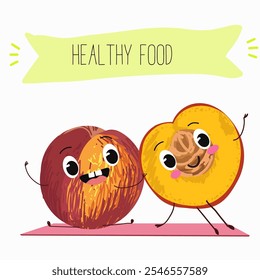 Nectarine fruit cute funny cheerful characters with different poses and activities. Natural vitamin antioxidant detox food collection. Vector hand drawn illistration.