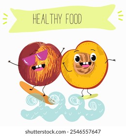 Nectarine fruit cute funny cheerful characters with different poses and activities. Natural vitamin antioxidant detox food collection. Vector hand drawn illistration.