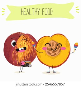 Nektarine Frucht niedlich lustig fröhliche Figuren mit verschiedenen Posen und Aktivitäten. Natürliche Vitamin-Antioxidans Detox Nahrungssammlung. Handgezeichnete Vektorgrafik.