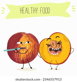 Nektarine Frucht niedlich lustig fröhliche Figuren mit verschiedenen Posen und Aktivitäten. Natürliche Vitamin-Antioxidans Detox Nahrungssammlung. Handgezeichnete Vektorgrafik.