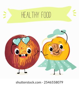 Nectarine fruit cute funny cheerful characters with different poses and activities. Natural vitamin antioxidant detox food collection. Vector hand drawn illistration.