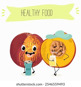 Nectarine fruit cute funny cheerful characters with different poses and activities. Natural vitamin antioxidant detox food collection. Vector hand drawn illistration.