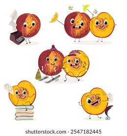 Nectarine fruit cute funny cheerful characters with different poses and activities. Natural vitamin antioxidant detox food collection. Vector hand drawn illistration.