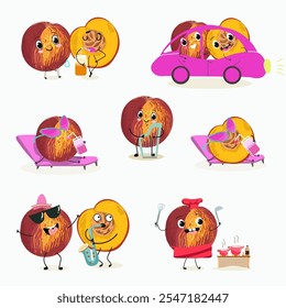 Nectarine fruit cute funny cheerful characters with different poses and activities. Natural vitamin antioxidant detox food collection. Vector hand drawn illistration.