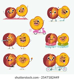 Nectarine fruit cute funny cheerful characters with different poses and activities. Natural vitamin antioxidant detox food collection. Vector hand drawn illistration.