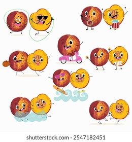 Nectarine fruit cute funny cheerful characters with different poses and activities. Natural vitamin antioxidant detox food collection. Vector hand drawn illistration.