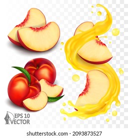 Nectarina, melocotón, recolección de fruta. El zumo de vitemina fresco, transparente y transparente, se acompaña con trozos y salpicaduras. Icono de vector 3d realista