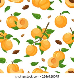 Nectarine seamless pattern. Vintage apricots fruits with leaves and pits harvest print, nectarines vector cover graphics