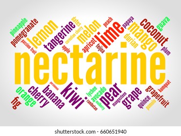 Nectarine. Word cloud, brightly colored font, grey gradient background. Fruit.