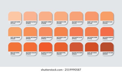 Nectarines Color Palette, Nectarines Color Guide Palette with Color Names. Catalog Samples of Orange with RGB HEX codes. plastic, paint, natural orange brown variations, Fashion Trend Nectarines color