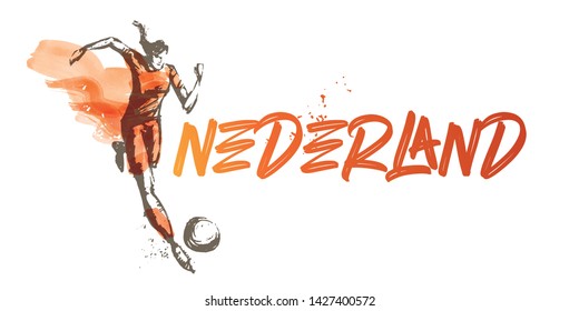 Nederland Women's Soccer National Team Vector Design. Female Player Running. Typographic Layout. Lettering Sport Logo.