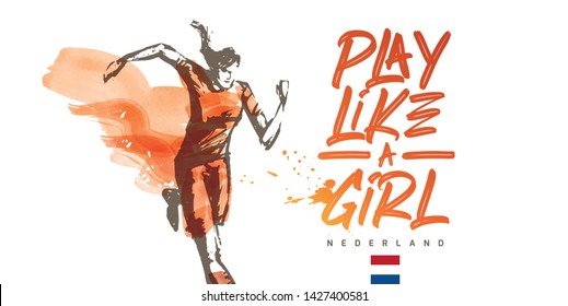 Nederland Women's Soccer National Team Vector Design. Female Player Running. Typographic Layout. Lettering Sport Logo.