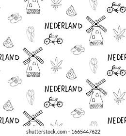 Nederland's icons seamless pattern. Sketch vector illustration, doodle elements, Isolated Nederland's national elements, Travel to Nederland's pattern for cards and web pages