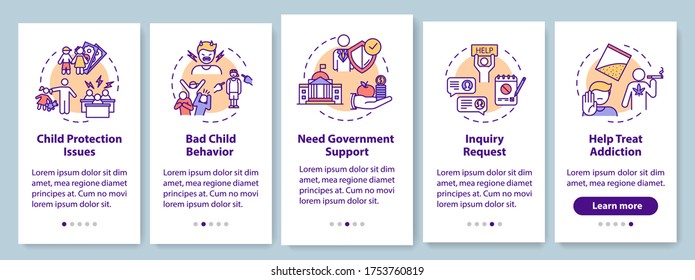 Need assistance onboarding mobile app page screen with concepts. Request government support walkthrough 5 steps graphic instructions. UI vector template with RGB color illustrations