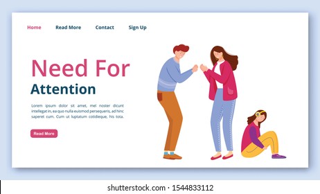 Need for attention landing page vector template. Trouble relationship website interface idea with flat illustrations. Family with kids problems and conflicts homepage layout, webpage cartoon concept