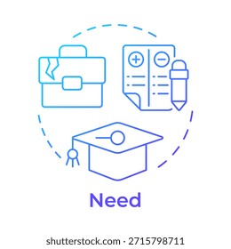 Necesita icono de concepto de degradado azul. Factores relacionados con el comportamiento delictivo. Modelo RNR. Gestión correccional. Ilustración de línea de forma redonda. Abstractas idea. Diseño gráfico. Fácil de usar en el folleto