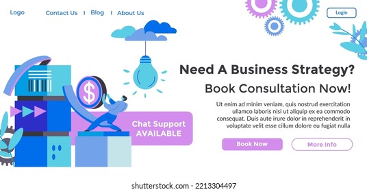 Need a business strategy, book consultation now. Chat support available. Development for company and organization. Website landing page template, site in internet. Vector in flat style illustration