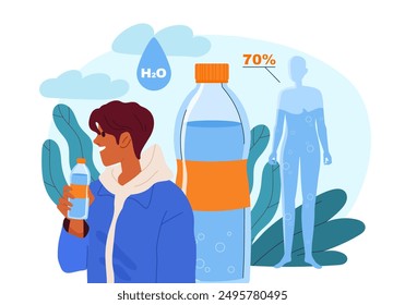 Need to drink water. Man with plastic bottle of water. Pure and fresh lquid and aqua. Healthy lifestyle and medical infographics. Flat vector illustration isolated on white background