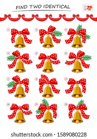 Need To Find Two Identical Christmas Bells. Logic Puzzle Game For Children And Adults. Printable Page For Kids Brain Teaser Book. Developing Spatial Thinking Skills. IQ Test. Vector Cartoon Image.