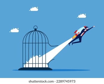 Need freedom and get out of the comfort zone. Businessman flies by rocket out of cage. business concept